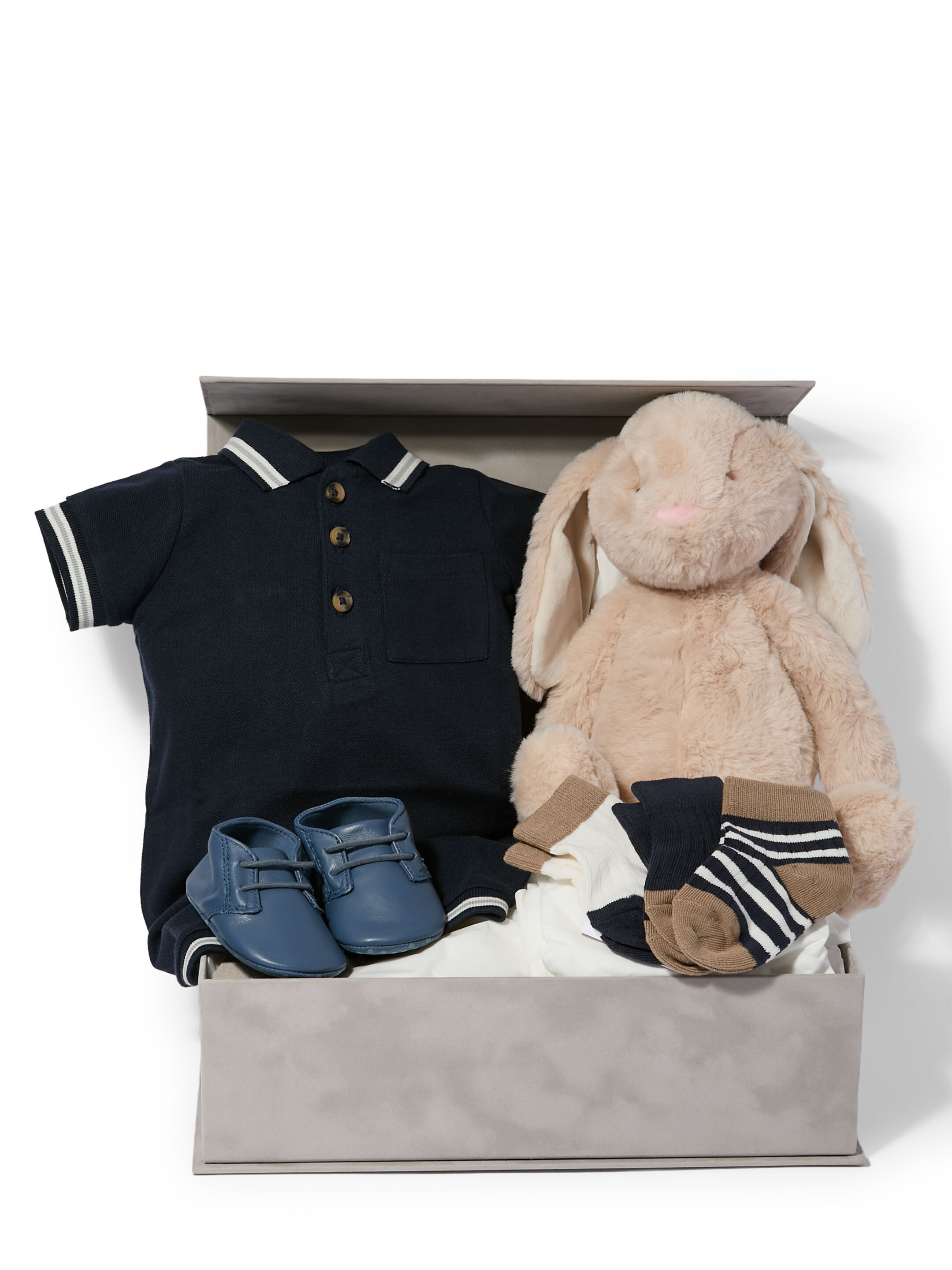 Polo Romper - 5 Piece Gift Set with Leather Pram Shoes and Soft Toy Tan Bunny image number 1